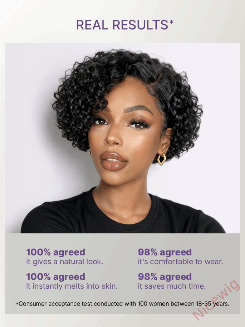 Natural Black / Brown Highlight Water Wave Pixie Cut Glueless Short Curly Wig