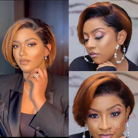 Short Wig Black Mixied Brown Bob Straight Hair