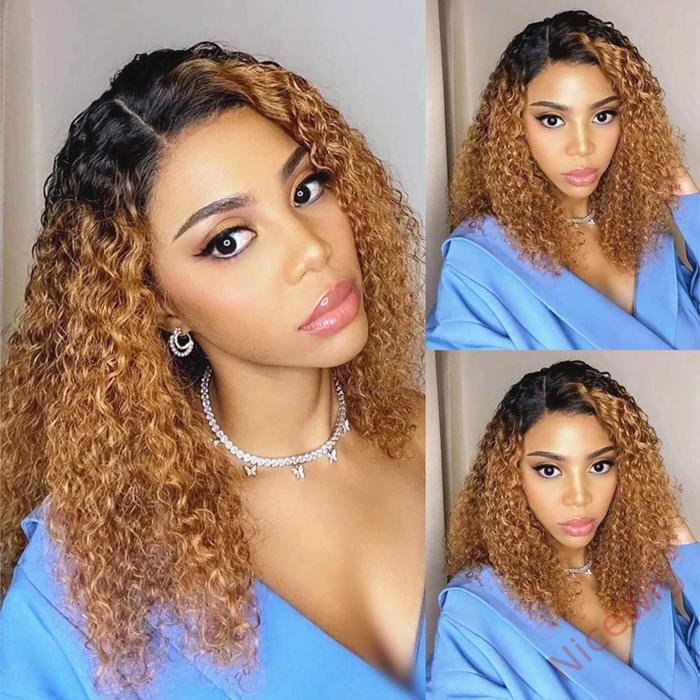 Glueless Black Gradient Light Brown Brazilian Curly Wigs