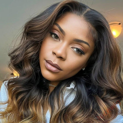 Brown Mixed Gold Highlights Loose Wave Glueless Long Wig