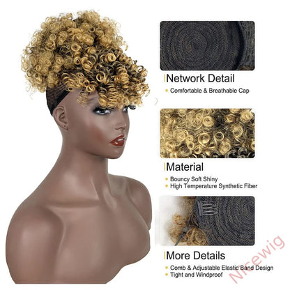 Gloden Blonde Afro Puff Drawstring Ponytail with Bangs Kinky Curly Hair Bun with Spring Curl Bangs Clip in Hairpieces
