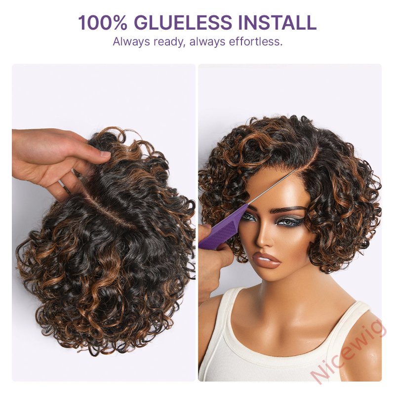 Natural Black / Brown Highlight Water Wave Pixie Cut Glueless Short Curly Wig