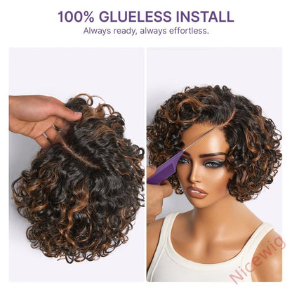 Natural Black / Brown Highlight Water Wave Pixie Cut Glueless Short Curly Wig