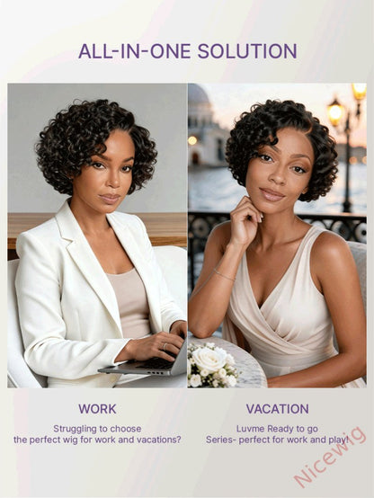 Natural Black / Brown Highlight Water Wave Pixie Cut Glueless Short Curly Wig