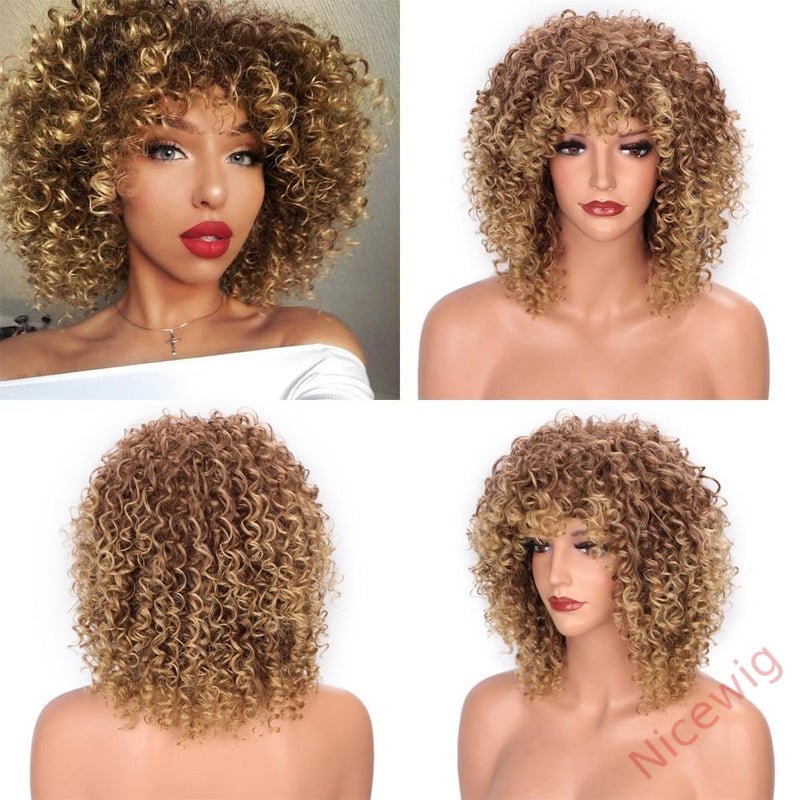 Salt and Pepper Curly Hair Wig With Bangs Glueless Wigs