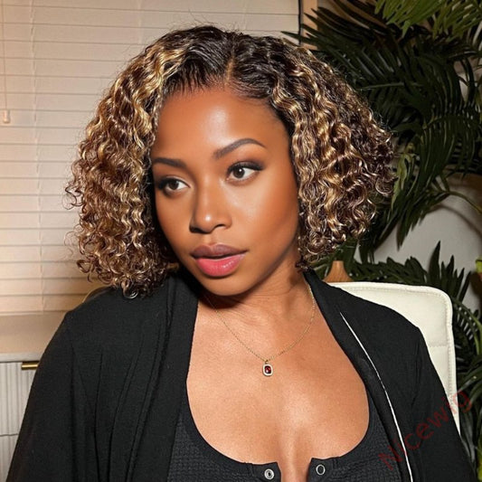 Golden Blonde Higlight Curly BOB Wig