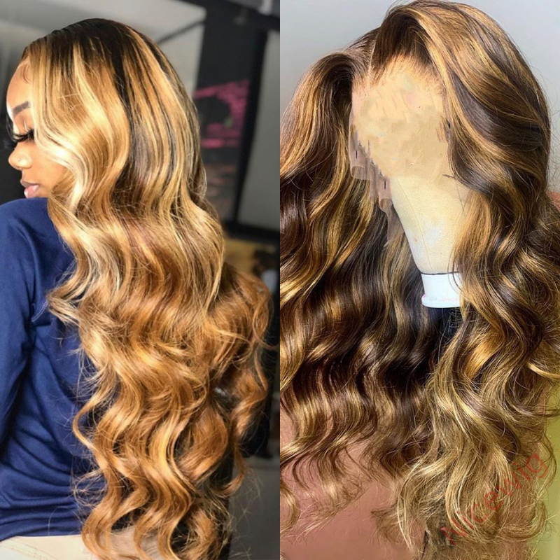 Brown Mixed Gold Body Wavy Hair Wig