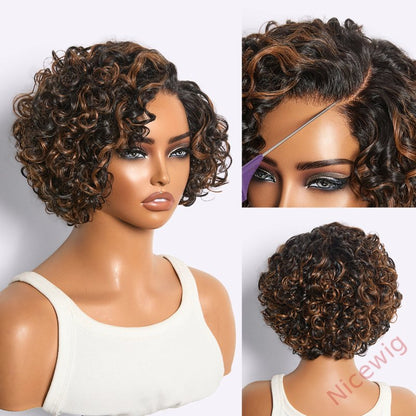 Natural Black / Brown Highlight Water Wave Pixie Cut Glueless Short Curly Wig