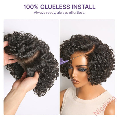 Natural Black / Brown Highlight Water Wave Pixie Cut Glueless Short Curly Wig