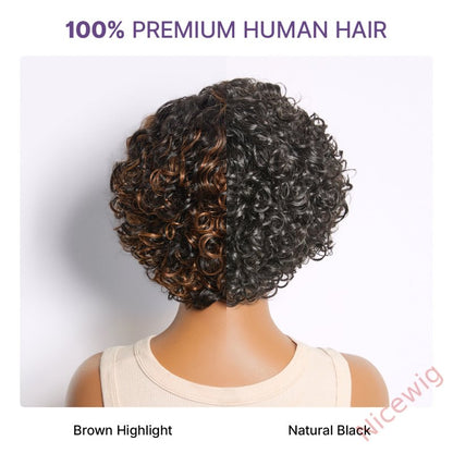 Natural Black / Brown Highlight Water Wave Pixie Cut Glueless Short Curly Wig