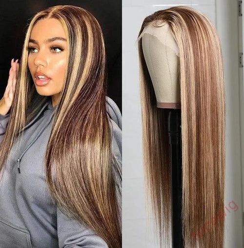Hightlight Brown Mixed Blonde Long Wig Straight Wig