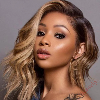 Black Gradient Light Brown Deep Wave Wig Short Bob Wig For Women