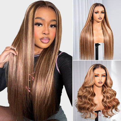 Ready to Go Ombre  Highlight Brown Blonde Long Hair Straight Glueless Wig