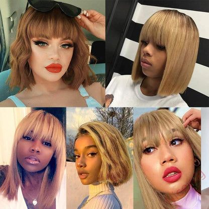 Short Straight Wig Light Brown Bob Wig With Bangs