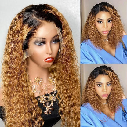 Black Gradient Light Brown Brazilian Water Wave Curly Wigs