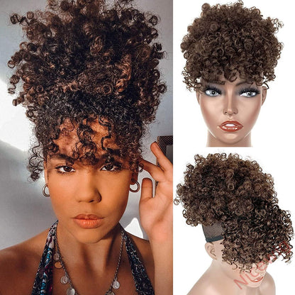 Gray Afro Puff Drawstring Ponytail with Bangs Wigs