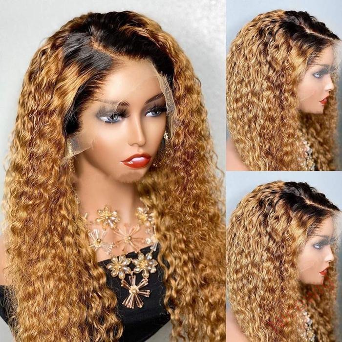 Glueless Black Gradient Light Brown Brazilian Curly Wigs