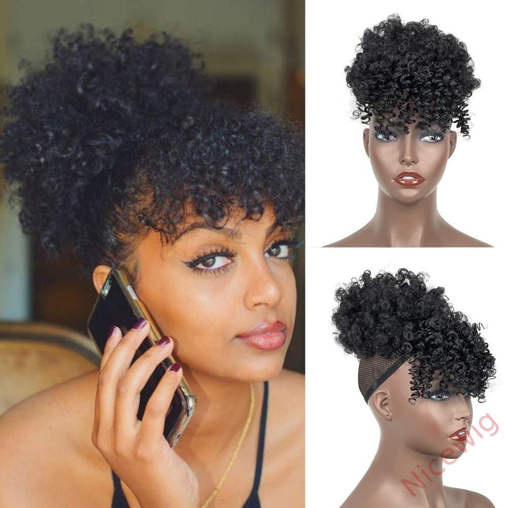 Gray Afro Puff Drawstring Ponytail with Bangs Wigs