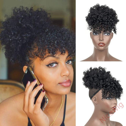 Gloden Blonde Afro Puff Drawstring Ponytail with Bangs Kinky Curly Hair Bun with Spring Curl Bangs Clip in Hairpieces