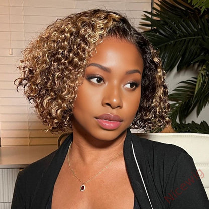 Golden Blonde Higlight Curly BOB Wig