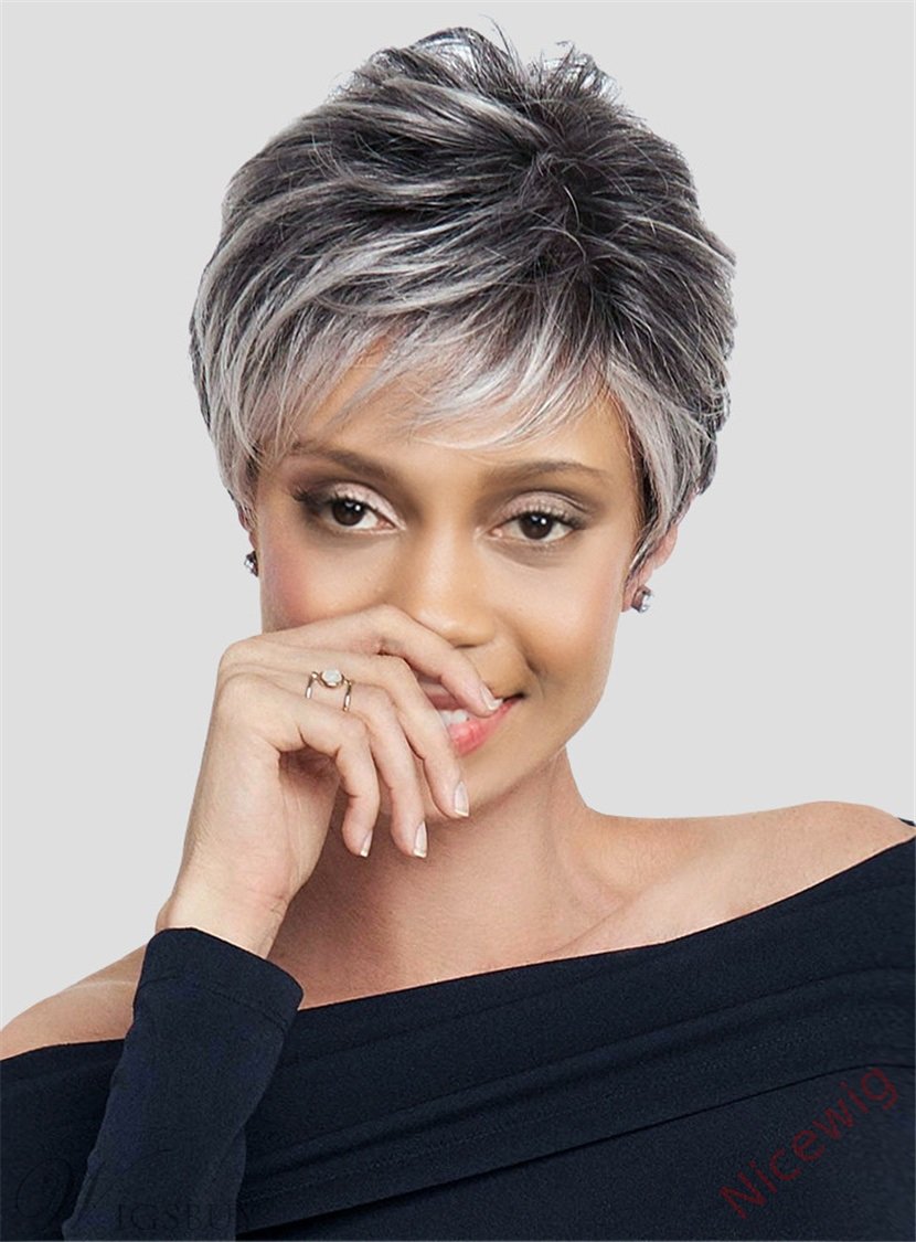 Glueless Salt and Pepper Short Straight Bob Pixe Cut Wig