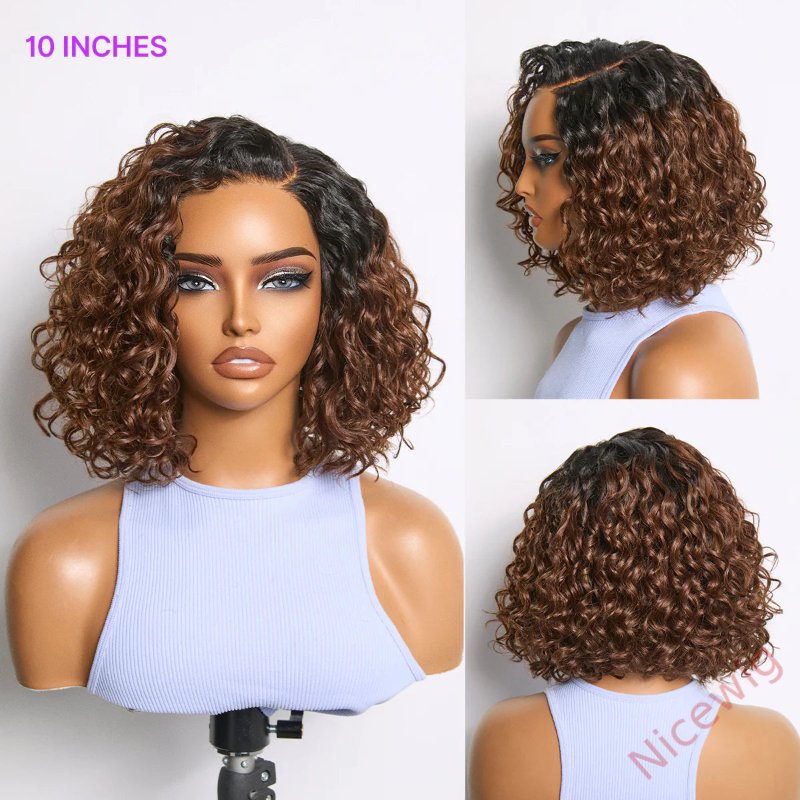 Ready to Go Blonde Highlight / Natural Black / Ombre Brown Water Wave Short Curly Bob Wig Glueless Wig