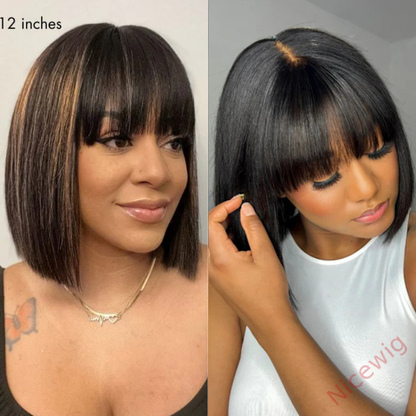 Hightlight Glueless Short Bob With Bangs Straight Wigs