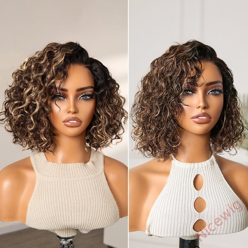 Ready to Go Blonde Highlight / Natural Black / Ombre Brown Water Wave Short Curly Bob Wig Glueless Wig
