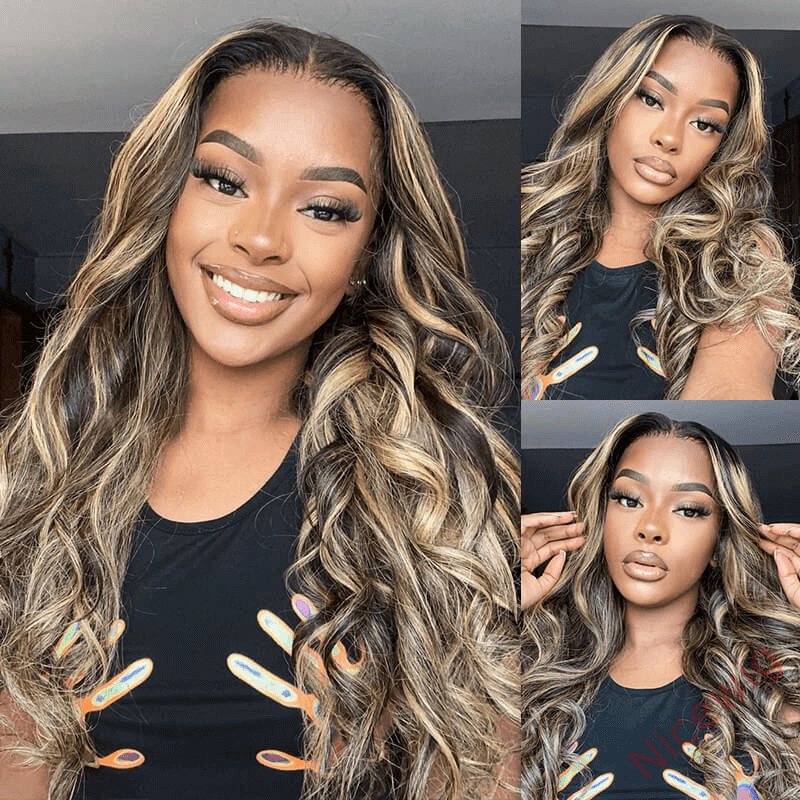 Glueless Brown Mixed Blonde Highlights Loose Wave Long Wig
