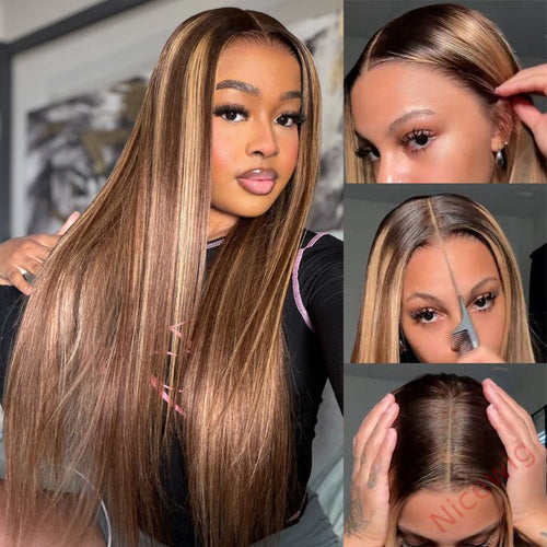 Ready to Go Ombre  Highlight Brown Blonde Long Hair Straight Glueless Wig