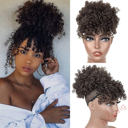 Gray Afro Puff Drawstring Ponytail with Bangs Wigs